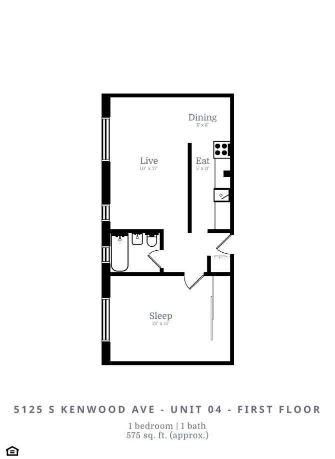 Floor plan for 1 bed, 1 bath, 575 sqft